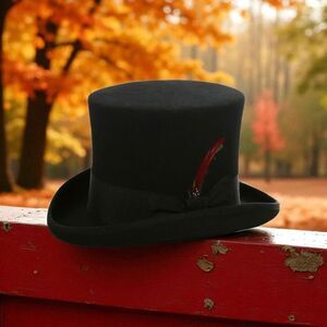 FERRECCI MENS PREMIUM TOP HAT IN BLACK WOOL VICTORIAN ELEGANCE WITH SATIN LINING
